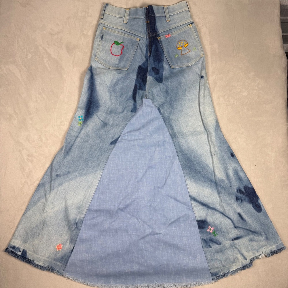 70s Womens Big Smith Embroidered Denim Maxi Skirt Boho Hippie 28